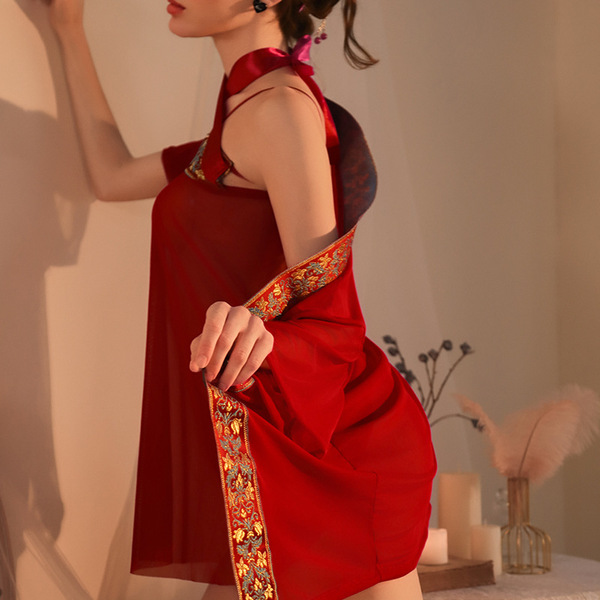 Woman wearing red mannye qing sensual sheer sleep gown with ancient chinese style flyaway hanfu lingerie set inspired by ji l...