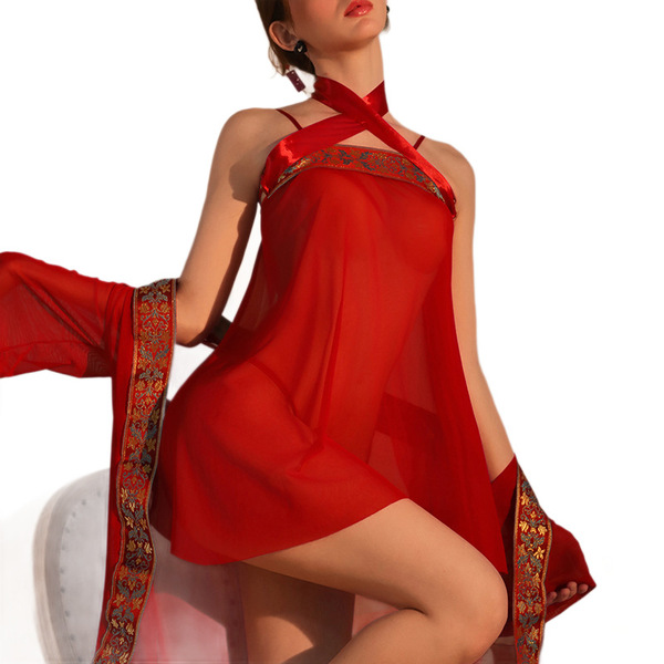 Woman wearing red sheer sleep gown with ancient chinese style embroidery and flyaway sleeves, inspired by ji linger.