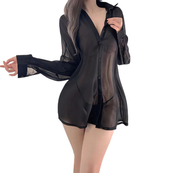 Mannye qing sheer seductive shirt dress - pure & tempting backless lounge nightwear for women, elegant black sheer design wit...