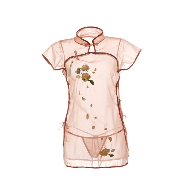 Sexy sheer retro embroidered high-neck split bodysuit with ties, featuring vintage lace cheongsam design.