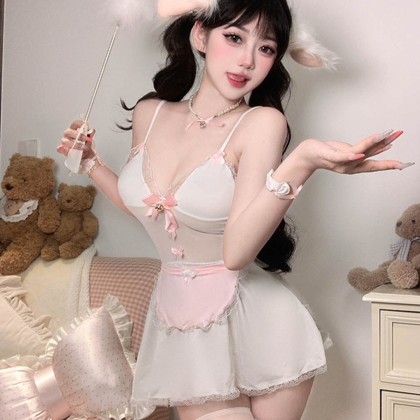 Sexy bunny-ear cat maid costume set featuring a cute sleep dress with lace details and pink accents, perfect for roleplay out...