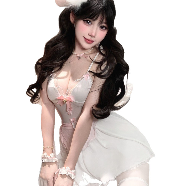 Sexy bunny-ear cat maid costume set featuring a cute sleep dress with lace details and matching lingerie, perfect for rolepla...