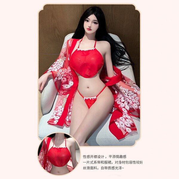 Mannyqing japanese kimono lingerie set - sheer mesh yukata sleepwear, vintage-inspired seductive no-remove nightwear featurin...