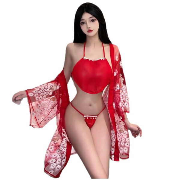 Vibrant red mannyqing japanese kimono lingerie set featuring sheer mesh yukata sleepwear with vintage-inspired design, perfec...