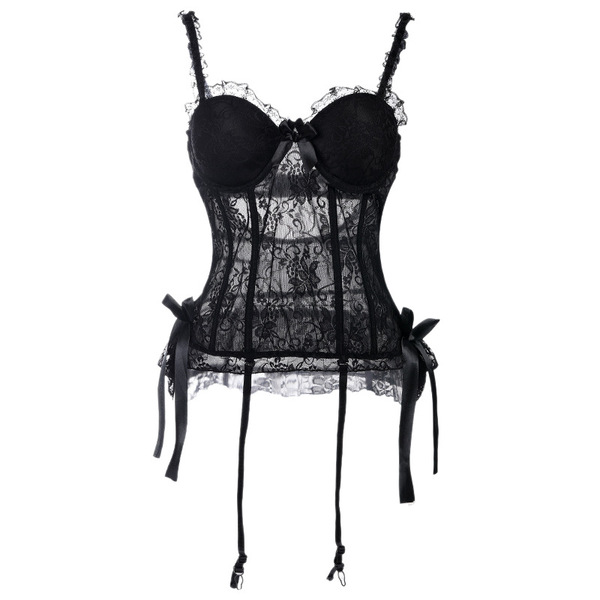Sexy sheer lace bodysuit with garter stockings, featuring elegant black design and delicate lace details.