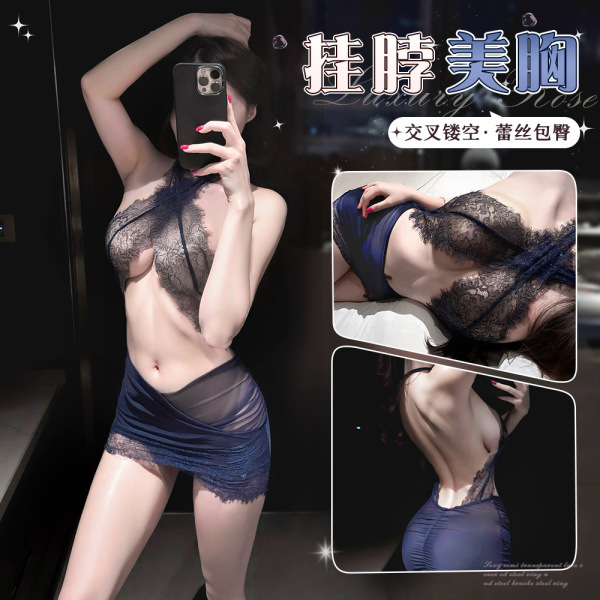 Woman modeling mannyqing lace necktie lingerie set - sheer cross-back sensual bra and panty set in navy blue with intricate l...