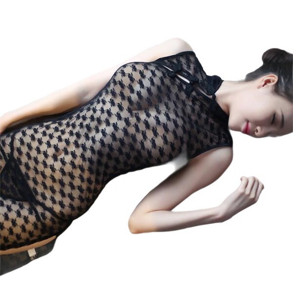 Sexy womens classical chinese erotic lingerie set featuring mannyqing lace sheer cheongsam dress with floral trim.