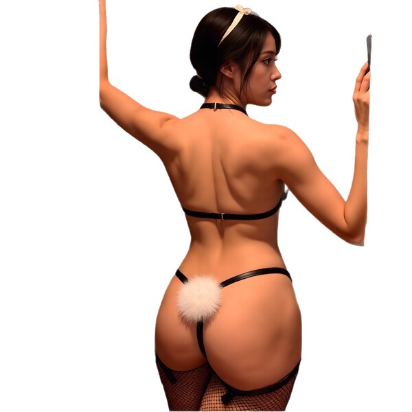 Woman wearing mannyqing leather lingerie set with bunny tail and headband, back view of sm bikini for sensual roleplay.
