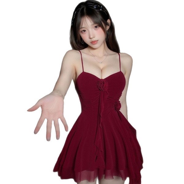 Woman wearing mannyqing lingerie dress - pure temptation halter neck mesh slip dress, sexy low-cut sleepwear for women.