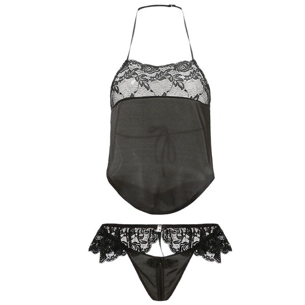 Sexy lace sheer mesh cami and brief set for women, featuring elegant floral patterns and delicate lace trimmings.