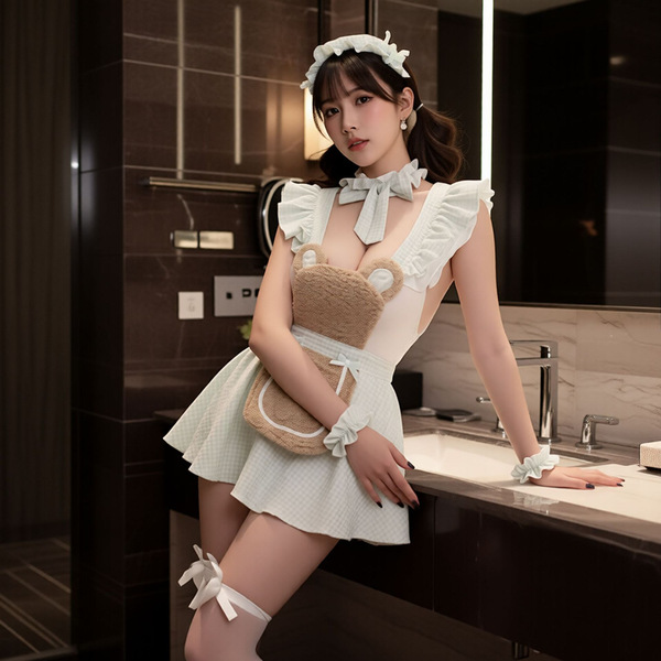 A woman poses in a bathroom wearing a cute mannyqing pure-flirty bear maid costume set, featuring a ruffled white dress with ...