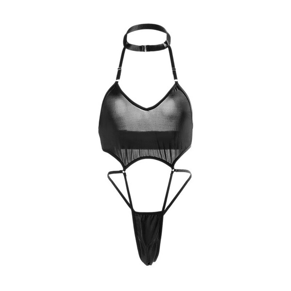 Mannyqing black lace bodysuit with cut-out design and hook-neck for small busts.