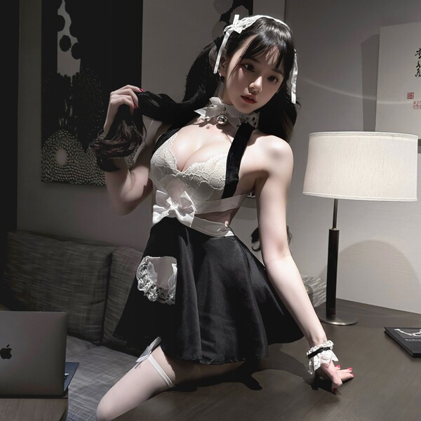 Sexy lace backless split skirt uniform with bow detail, perfect for a charming maid look.