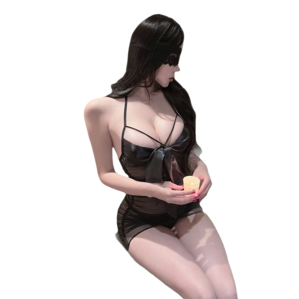 Sensual womens sheer lace babydoll nightgown with bow, featuring thin mesh design for intimate sleepwear.