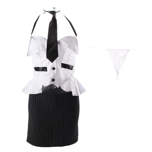 Mannyqing secretarial costume set - strapless tie, backless striped mini skirt, sexy & playful lingerie outfit