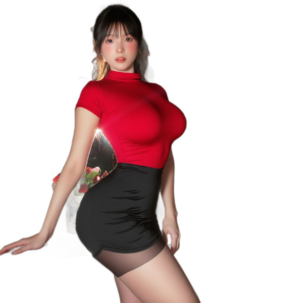 Woman modeling red and black mannyqing secretarial lingerie set, a playful two-way pure & sexy uniform outfit for women.