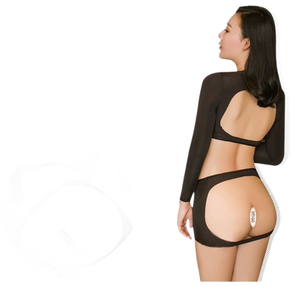 Woman wearing mannyqing sheer black lingerie set with open-crotch thong and blood-drop design, back view.