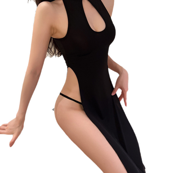 Sensual black backless cheongsam lingerie set with no-remove design, perfect for role play outfits.
