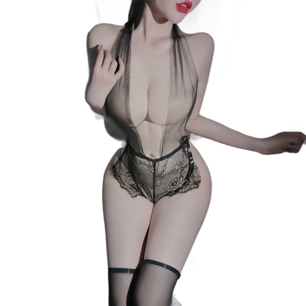 Sheer black lace bodysuit with deep v-neck and cross-tie front, featuring open-crotch design for intimate moments.