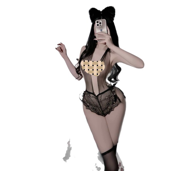 Woman wearing mannyqing sexy deep v lace bodysuit with sheer mesh, cross-back design, and open-crotch detail.