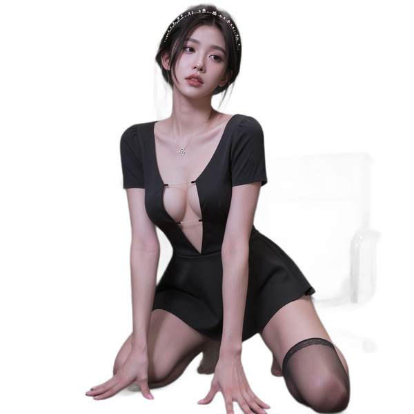 Sexy black dress with deep v neckline and sheer mesh backless design, perfect for club wear and night outings.