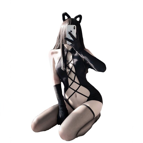 Sexy lace bodysuit with cut-out halter tie-back design, perfect for womens erotic lingerie.