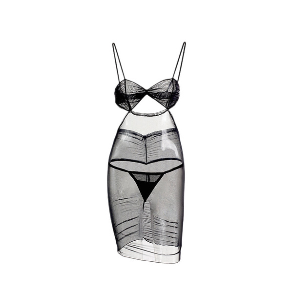 Sheer mesh bodycon lingerie set with cut-out back, featuring a seductive sleep dress design for women by mannyqing.