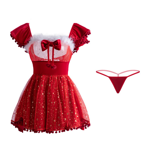 Manyan christmas new year lingerie set featuring a sexy strapless shiny mesh bodycon dress with tie details and festive red a...