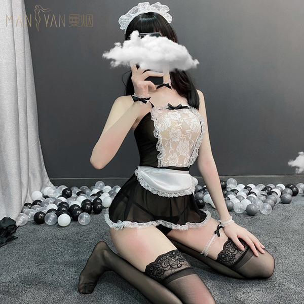 Sexy sheer strap dress with lace details, maid costume set featuring black stockings and garter belt, perfect for cosplay and...
