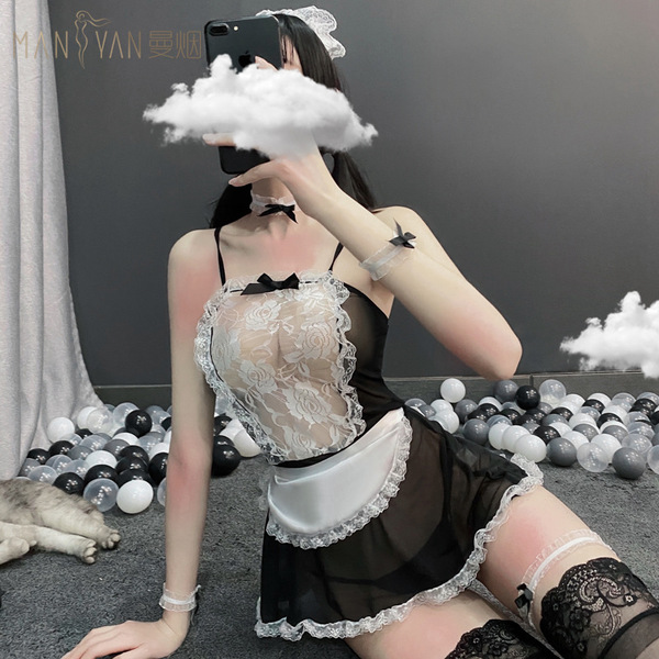 Sexy sheer lace maid costume set featuring a strapless dress with floral lace, perfect for cosplay or evening wear.