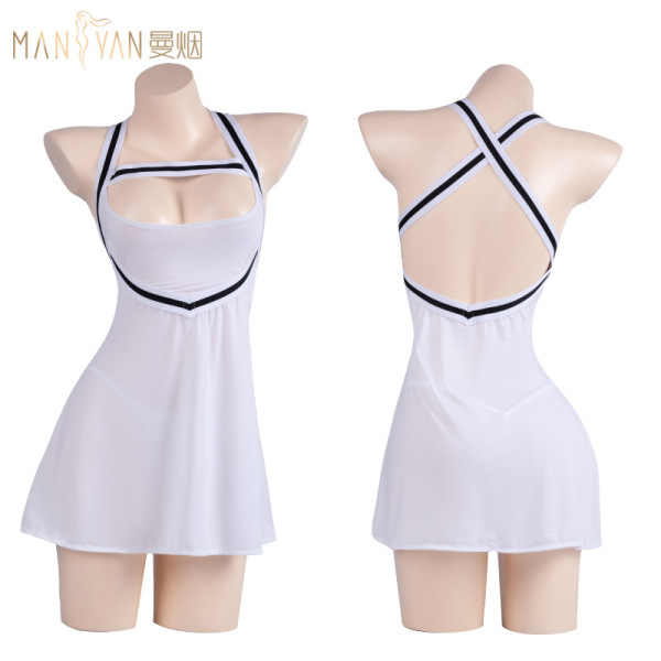 White manyan lingerie sleep dress with black trim, featuring a sexy backless design and striped mini skirt for women.
