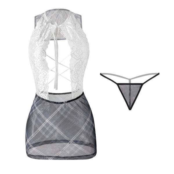 Sheer plaid bodysuit with backless design and bodycon skirt, featuring lace detailing and matching thong.
