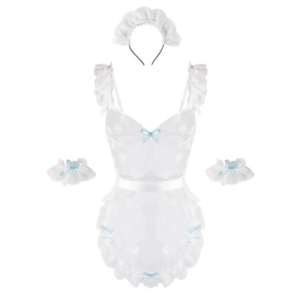 White sheer maid dress set with blue bows, headband, and garters - manyan pure & seductive low-cut cosplay lingerie outfit