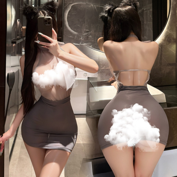 Woman modeling manyan pure & tempting halter neck bodycon skirt set with sheer backless design, fluffy cloud accents, and mir...