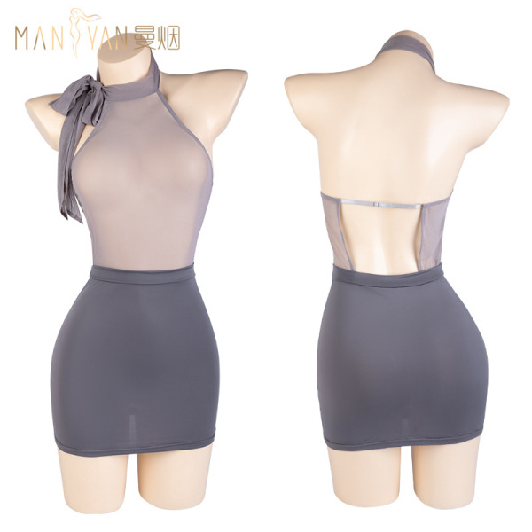 Manyan pure & tempting halter neck bodycon short skirt set – sheer backless sleepwear & lingerie outfit in gray, front and ba...
