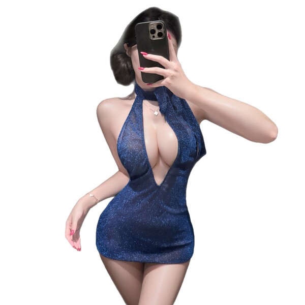 Woman taking selfie in blue shimmer halter bodycon dress with deep v-neck and backless design.