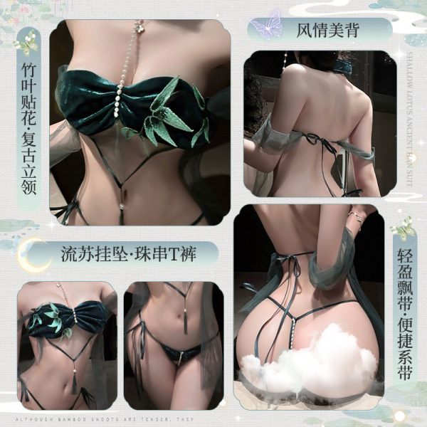 Elegant manyan qingzhu ying lingerie set with bamboo leaf details, pearl accents, and sheer t-back design for a seductive loo...