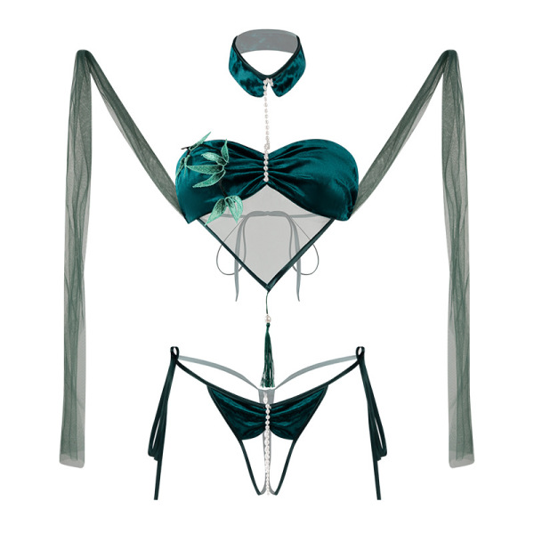 Emerald green manyan qingzhu ying lingerie set with bamboo leaf details, sheer sleeves, and elegant bead accents for a seduct...