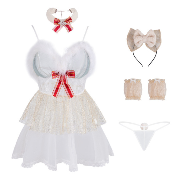 Manyan seductive deep v lace mesh sleep dress - sheer bunny-themed pure & sexy nightgown for women with accessories