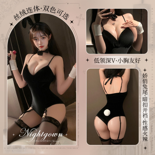 Manyan sexy bunny costume set - pure & tempting velvet lingerie with open-crotch design, no-remove sleepwear outfit