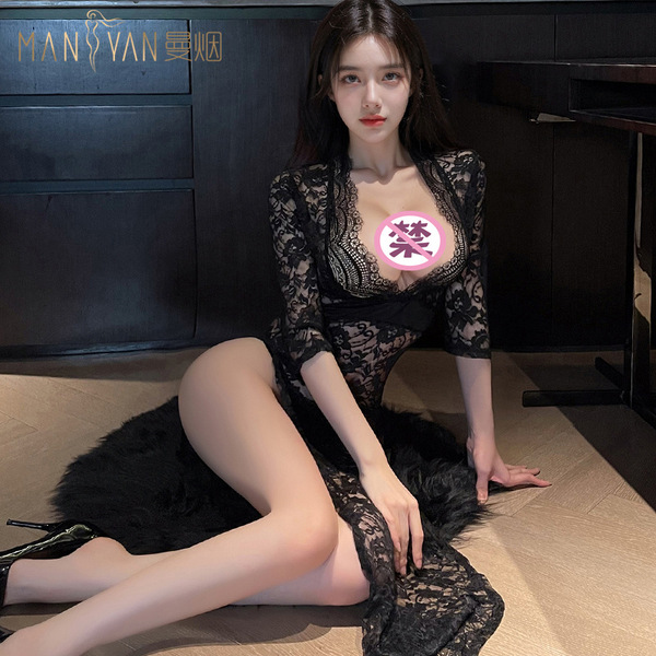 Sexy deep v lace sleep dress set with vintage sheer high-waist slit design, perfect for nightgown ensembles.