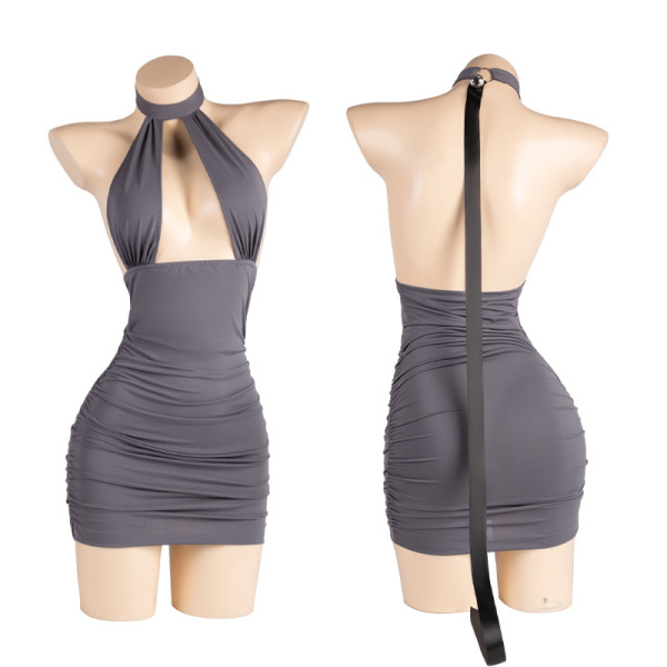 Gray halter sleep dress with ruched design and long tie, reversible sexy lingerie set in secretary uniform style.