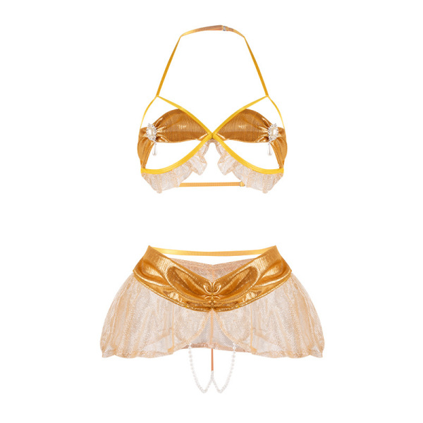 Golden lingerie set with pearl details and open-crotch design, featuring a halter top and sheer skirt for a glamorous look.