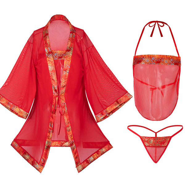 Manyan new year chinese-inspired sheer bodysuit set - seductive hanfu-style lingerie for women, featuring a vibrant red robe ...