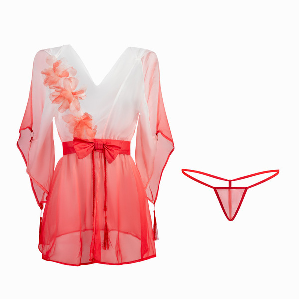 Manyan new year lingerie set - sexy gradient sheer xiao hong niang robe & kimono sleepwear outfit featuring sheer fabric with...
