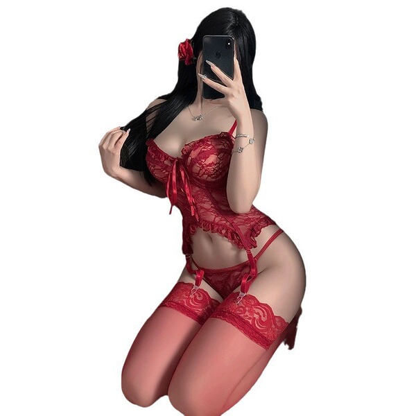 Sexy red lace manyan new year lingerie set featuring v-neck backless design, underwire push-up bra, and matching garter belt.