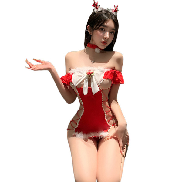 Sexy off-shoulder mesh sleep dress with adjustable ties, festive design perfect for new year celebrations.