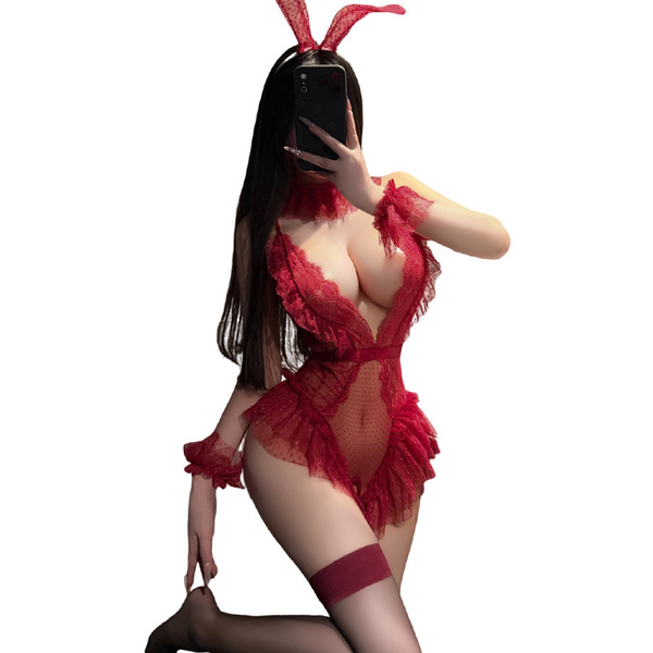 Sexy open-crotch lace bodysuit with bunny ears, sheer seductive sleepwear for women.