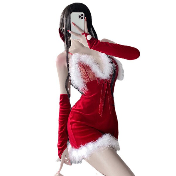 Sexy santa-themed nightgown with sheer lace and plush trim, perfect for festive christmas costumes.
