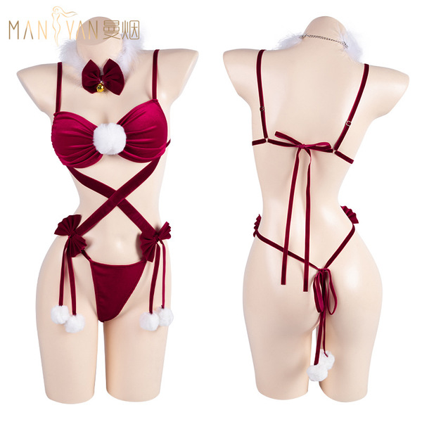 Manyan new year velvet bodysuit set - sexy holiday lingerie sleepwear for women, featuring festive design with bow ties and p...